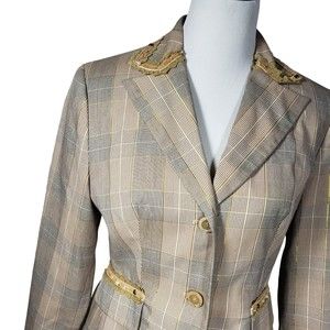 Allen by Allen Schwartz Women's sz 6 Off-White Gray & Metallic Gold Plaid Blazer